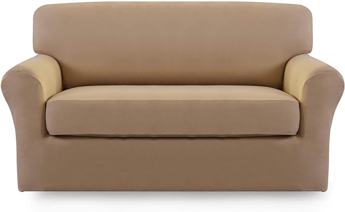 Easy-Going 2 Pieces Microfiber Stretch Sofa Slipcover – Spandex Soft Fitted Sofa Couch Cover, Washable Furniture Protector with Elastic Bottom Kids, Pet (Loveseat, Camel