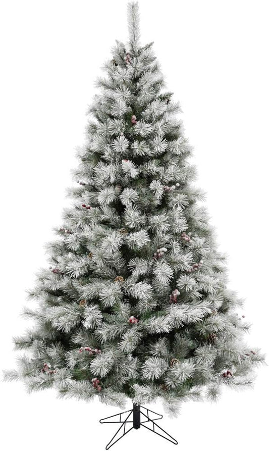 Fraser Hill Farm 6.5-Ft Homestead Pine Frosted Christmas Tree with Pinecones and Berries, Metal Stand and No Lights
