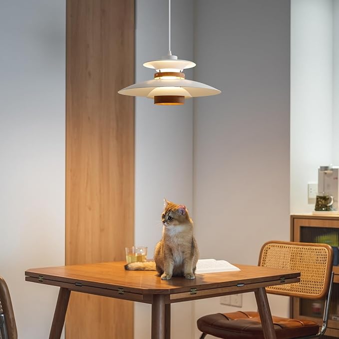 Modern Decor Adjustable Pendant Lamp Kitchen Island, Aluminum and Wood Finish,1-Light E26 Base Ceiling Hanging Light for Dining Room Shop Restaurant (White+Dark Wood Grain, 40cm)
