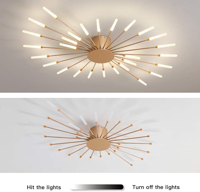 JAYMP Ceiling Light Modern Flower Shape Ceiling Lamp for Dining Room Kitchen Hallway Flush Mount Metal Acrylic Sputnik Firework Petal LED Lighting Fixture (Matte Gold, 28 Lights)