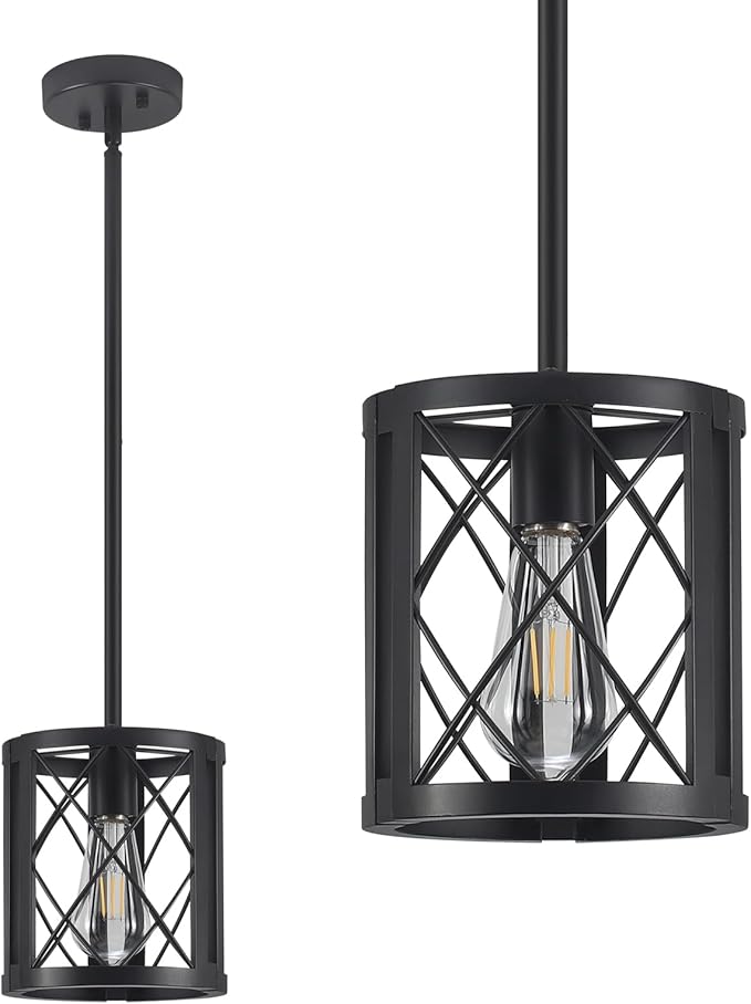 Farmhouse Pendant Light for Kitchen Island - Industrial Metal Lantern Black Pendant Lighting Single Hanging Light Fixture with 49.2" Adjustable Rods for Dining Room, Over The Sink, Hallway