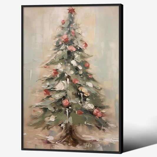 Winter Christmas Tree Wall Art Vintage Nature Botanical Pine Poster 16x24 inch Black Framed Forest Cottagecore Canvas Painting Prints for Living Room Office Wall Decor