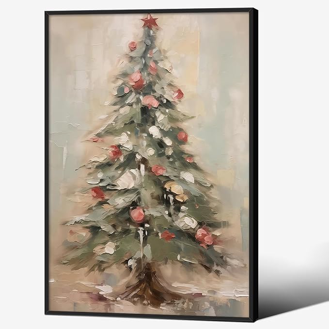 Winter Christmas Tree Wall Art Vintage Nature Botanical Pine Poster 24x36 inch Black Framed Forest Cottagecore Canvas Painting Prints for Living Room Office Wall Decor