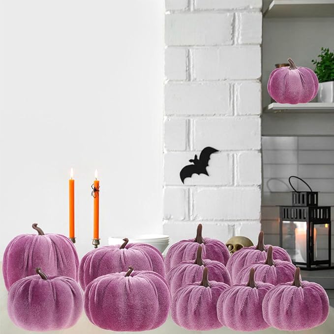 12Pcs Thanksgiving Velvet Fake Pumpkins Artificial Halloween Handmade Fall Harvest Centerpiece Decoration for Home Kitchen Farmhouse Purple