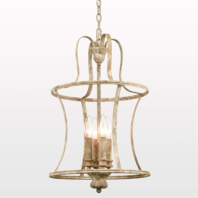 French Country Lantern Chandelier 4-Light Distressed White Pendant Light Fixtures with Chain Modern Farmhouse Lantern Pendant Lighting for Kitchen Island Dining Room