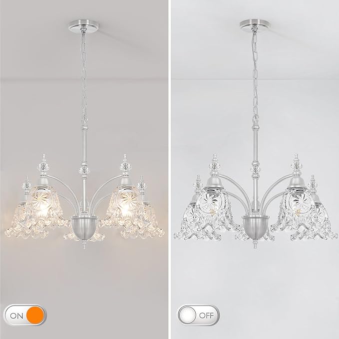 Vintage 5 Light Chandelier, Brushed Nickel Dining Room Light Fixtures Over Table, Farmhouse Glass Chandelier Ceiling Light Fixture for Kitchen, Dinning, Foyer, Bathroom, Living Room