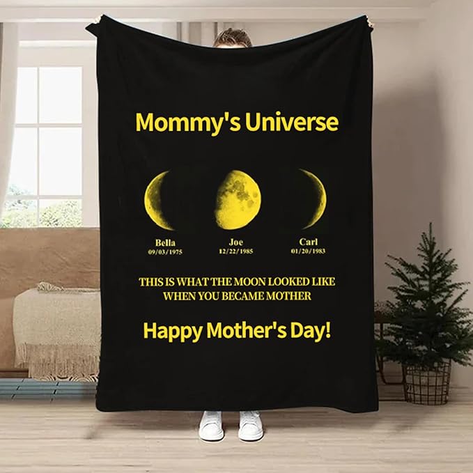 Personalized Moon Phase Hooded Blanket Game Day Custom Hooded Fleece Blanket with Family Name Birthdate Wearable Blanket Gift for Mom Dad Mother's Day Christmas