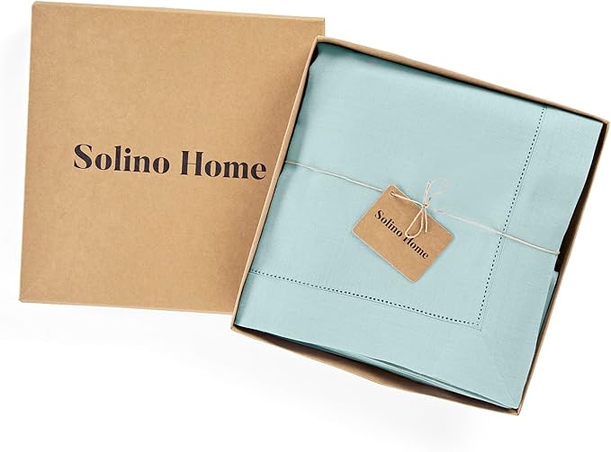 Solino Home Linen Tablecloth for Rectangle Tables 60 x 120 Inch - Classic Hemstitch 100% Pure Linen Aqua Blue Table Cloth - Machine Washable Cloth Tablecloth for Christmas, Holiday