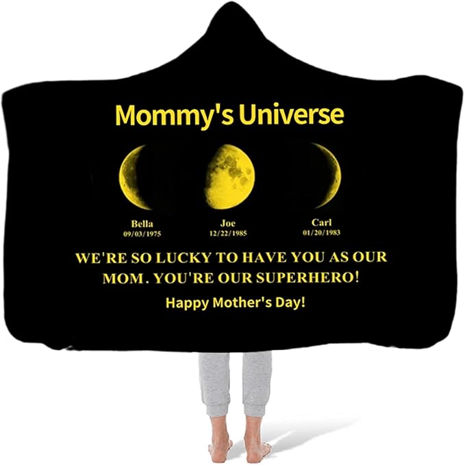 Personalized Moon Phase Hooded Blanket Game Day Custom Hooded Fleece Blanket with Family Name Birthdate Wearable Blanket Gift for Mom Dad Mother's Day Christmas