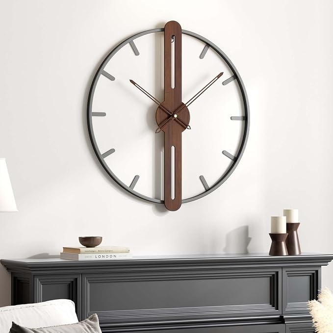 Modern Wall Clock Silent Non Ticking Battery Operated, Rustic Minimalist Wood Metal Frame Decorative Wall Clocks for Living Room, Office, Bedroom, Kitchen, 16 Inch