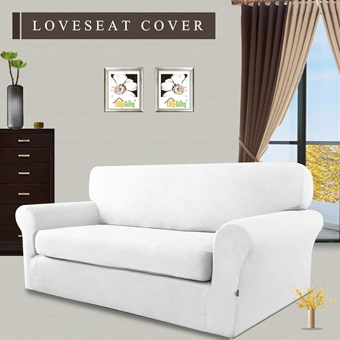 Easy-Going 2 Pieces Microfiber Stretch Sofa Slipcover - Spandex Soft Fitted Sofa Couch Cover, Washable Furniture Protector with Elastic Bottom Kids, Pet (Medium, Snow White