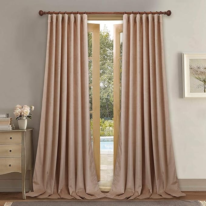StangH Blush Beige Velvet Curtains Light Blocking Kids Curtains for Girls Bedroom, Rod Pocket Back Tab Privacy Thermal Insulated Drapes for Nursery/Classroom, W52 x L84 inches, 2 Panels