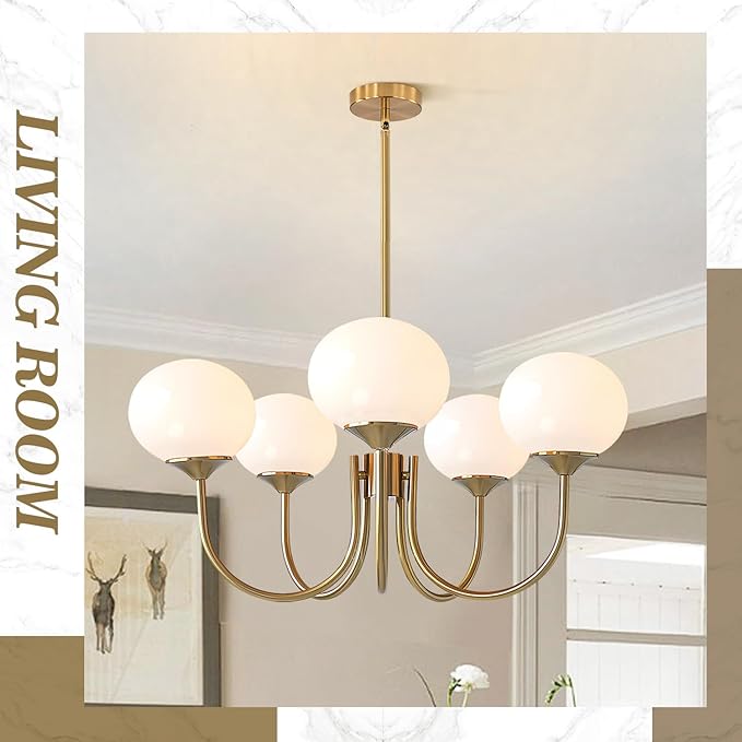 BOKT 5 Light Contemporary Milk White Glass Globe Chandelier Vintage Gold Sputnik Chandelier Light Fixture Adjustable Large Modern Brushed Brass Ball Sputnik Pendant Hanging Light Kitchen Island