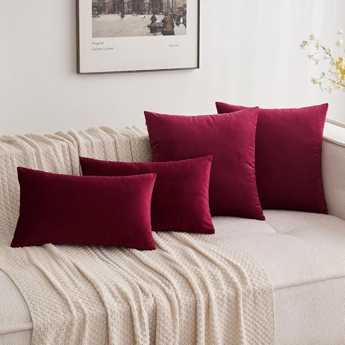 MIULEE Pack of 2 Velvet Soft Solid Decorative Throw Pillow Covers Christmas Burgundy Pillowcases for Sofa Bedroom Couch Car,18x18 Inch Wine Red