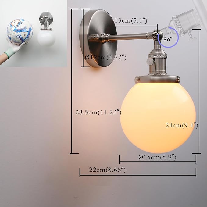 PERMO Vintage Industrial Wall Sconce with 5.9" Round Globe Milk White Glass Hand Blown Shade Brushed Nickel Sconces with E26 Bulb Base Hardwired Wall Light Fixtures