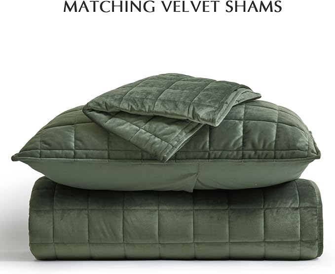 EVERGRACE Pearl Velvet Quilt Set King Size, Luxurious Soft Velvet Comforter Set, Lightweight Oversized Bedspread Coverlet, Box Stitch Quilted Bedding Sets for All Season, with 2 Shams, Olive Green
