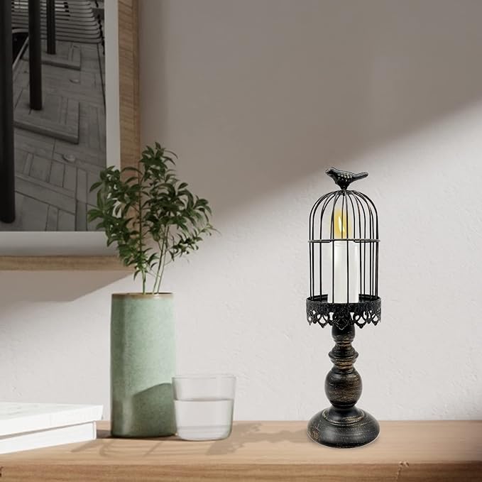 Retro Shabby Candle Holder, Bird Cage Decor,Decorative Birdcage Candle Holder Vintage Metal Candlestick for Wedding,Party Vintage Gothic Decor,Victoriana Decor,Home Decor Black 15 Inch