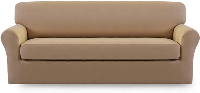 Easy-Going 2 Pieces Microfiber Stretch Sofa Slipcover – Spandex Soft Fitted Sofa Couch Cover, Washable Furniture Protector with Elastic Bottom Kids,Pet (Oversized Sofa, Camel