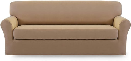 Easy-Going 2 Pieces Microfiber Stretch Sofa Slipcover – Spandex Soft Fitted Sofa Couch Cover, Washable Furniture Protector with Elastic Bottom Kids,Pet (Oversized Sofa, Camel