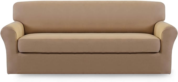 Easy-Going 2 Pieces Microfiber Stretch Sofa Slipcover – Spandex Soft Fitted Sofa Couch Cover, Washable Furniture Protector with Elastic Bottom Kids,Pet (Sofa, Camel