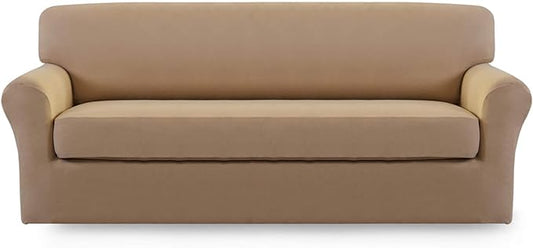 Easy-Going 2 Pieces Microfiber Stretch Sofa Slipcover – Spandex Soft Fitted Sofa Couch Cover, Washable Furniture Protector with Elastic Bottom Kids,Pet (Sofa, Camel