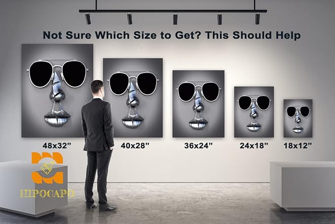 3D Metal Effect Wall Art - 3D Wall Art Decor Artwork Wear Sunglasses Siliver Figure Statue Modern Art Canvas Painting, Large Wall Art for Bedroom Dercor Framed 12”x18”x1Pcs