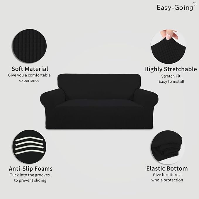 Easy-Going Stretch Oversized Loveseat Slipcover 1-Piece Sofa Cover Furniture Protector Couch Soft with Elastic Bottom for Kids Polyester Spandex Jacquard Fabric Small Checks Black