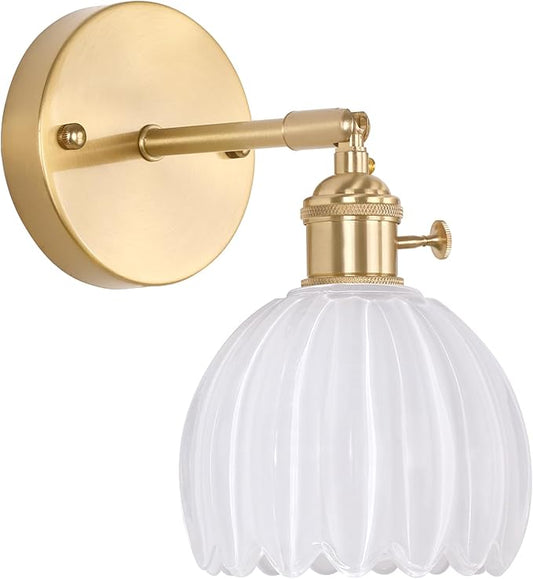 Vintage Wall Sconces with Cute White Tulip Glass Lampshade 180 Degree Adjustable Brass Sconces Hradwired Modern Wall Lighting Fixture with Switch for Bedside Bedroom Doorway