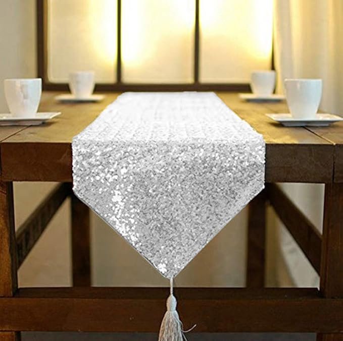 ShinyBeauty Sequin Tassel Table Runner 12x108-Inch Silver Christmas Decorations Silver Table Runner 108inch Christmas Table Runner Y1126