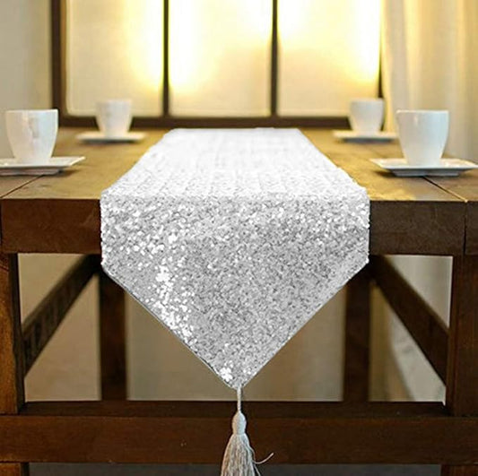 ShinyBeauty Sequin Tassel Table Runner 12x108-Inch Silver Christmas Decorations Silver Table Runner 108inch Christmas Table Runner Y1126