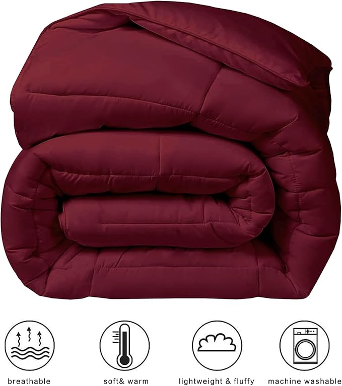 COHOME Quilted California King Size Comforter - All-Season Down Alternative Duvet Insert - Luxury Hotel Soft Breathable Burgundy Comforter with Anti-Clump Tech & 8 Tabs -Reversible （96"x104"）