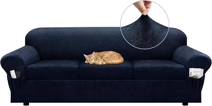 Sofa Slipcover with Armrest Pockets 4-Piece Set, Stretch Faux Leather Extra Large Couch Covers for 3-Cushion Couches(Fits 98-112") - Machine Washable, Pet & Kid Friendly - Navy