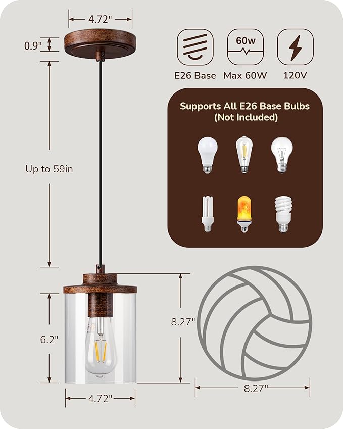 EDISHINE Modern Pendant Lights Kitchen Island, Clear Glass Shade, Farmhouse Adjustable Hanging Light with Wooden Grain Finish, E26 Base, Hardwired, for Dining, Sink, Bathroom, Hallway, Walnut, 2 Pack