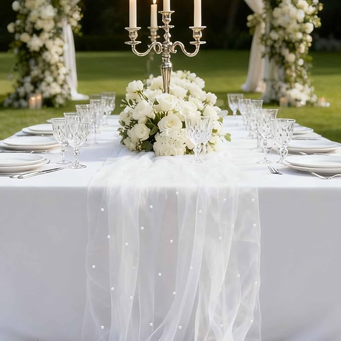 WELTRXE Pearl Table Runner 120 Inch 10FT, White Gauze Table Runners, Rustic Boho for Holiday Wedding Decor, Home Party ,Baby Shower, Birthday Party