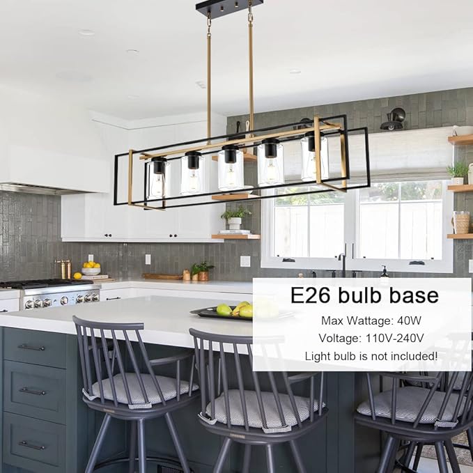 5-Light Farmhouse Chandelier Black and Brass Island Pendant Light Fixture with Clear Glass Shades, Rectangular Hanging Lighting for Kitchen or Dining Room