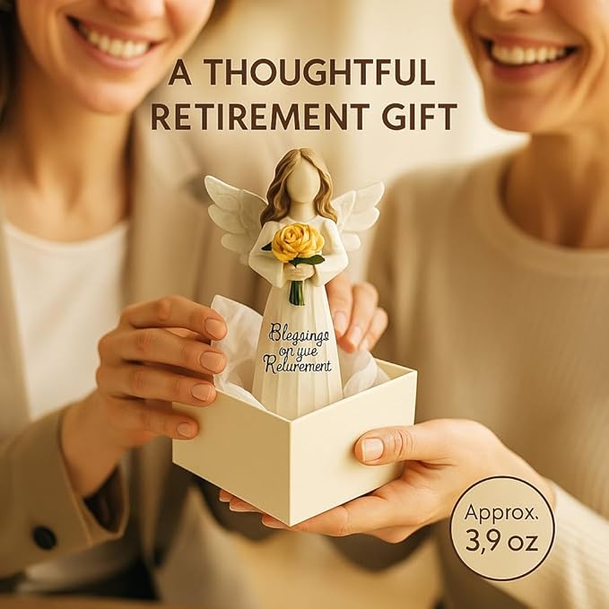 Retirement Angel Figurine, Hand-Painted Resin Keepsake with Yellow Rose – “Blessings on Your Retire ment” Figure, 5.4" Desk Mantel Décor Thoughtful Gift for Coworker Teacher Nurse Women (Retirement)