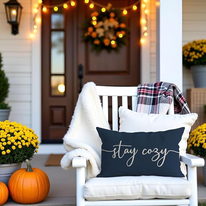 PANDICORN Navy Blue Pillow Cover 12x20 Inch, Stay Cozy Relax Farmhouse Lumbar Decorative Cushion Case for Couch Sofa Bed, Fall Winter Living Room or Porch Holiday Decorations