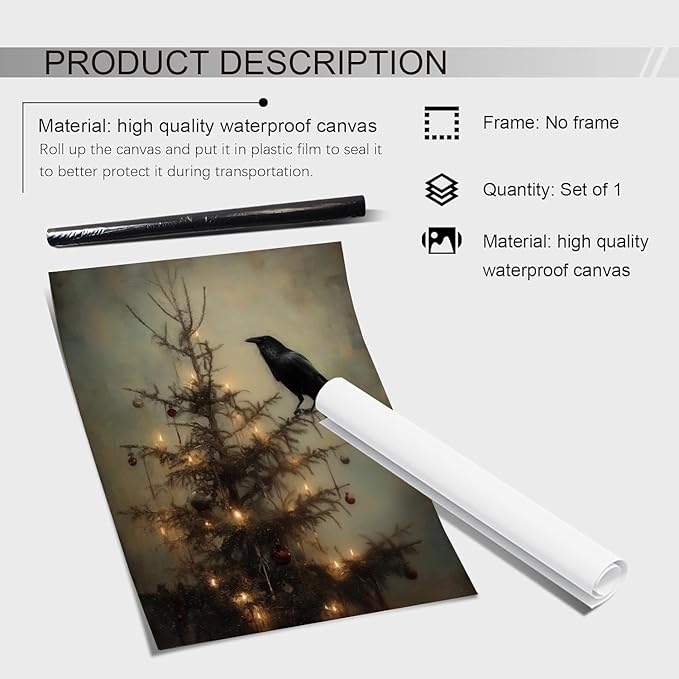 Raven on Christmas Tree Wall Art,Gothic Crow,Dark Academia,Wildlife Painting,Dark Christmas Tree Branch for Cottagecore Farmhouse Decor
