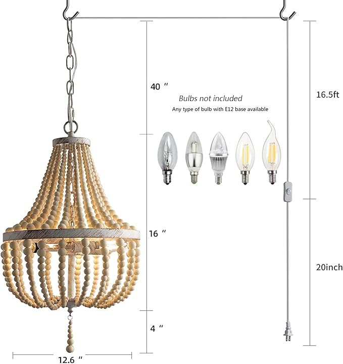 3-Light Mini Wood Beaded Boho Plug in Chandelier Dimmable and Timer Pendant Light Fixture with Swag Cord Antique Metal Finish Natural Color Beads for Dining Room Girls Bedroom Living Room Foyer