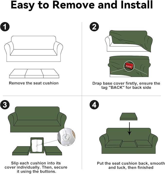 100% Waterproof Extra Large Couch Cover 4-Piece Set Striped Sofa Slipcovers for 3 Cushion Couch Covers with TPU Leakproof Bottom Stretch Protector Pet Proof - Sofa(3-Cushion), Military Green