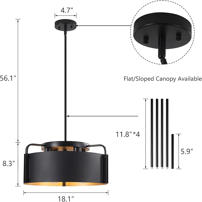 Chandelier, 4-Light Industrial Drum Chandeliers Matte Black Dining Room Light Fixture Flush Mount Pendant Light 18" for Foyer Entryway Kitchen Hallway Bedroom, E26 Base(Not Included Bulb)
