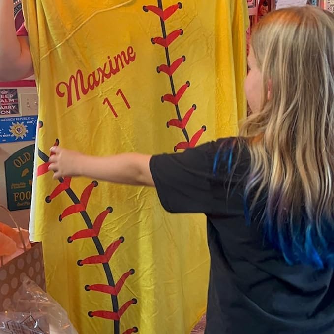 Personalized Softball Hooded Blanket Game Day Custom Hooded Fleece Blanket with Name Softball Wearable Throw Blanket University Team Blanket Gift for Sports Fans Kids Adult Graduation, Yellow