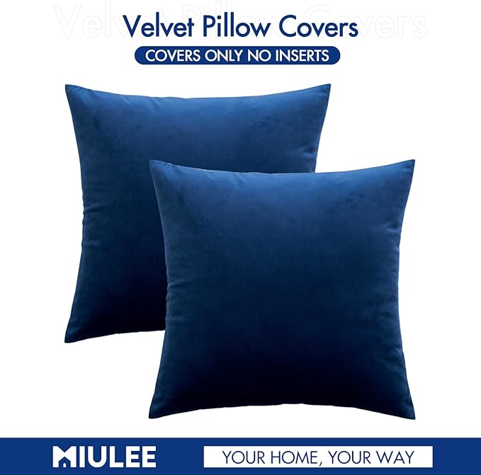 MIULEE Pack of 2 Velvet Soft Solid Decorative Square Throw Pillow Covers Set Cushion Case for Spring Sofa Bedroom Car 16x16 Inch 40x40 Cm Dark Blue