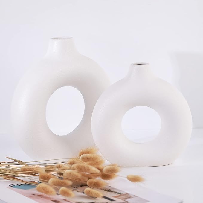 White Ceramics Vase for Home Decor,Minimalist Nordic Hollow Donut Vase Set of 2,Modern Boho Decor for Kitchen Table Centerpiece,Living Room,Fire Place,Bookshelf,Office,Entryway,Console