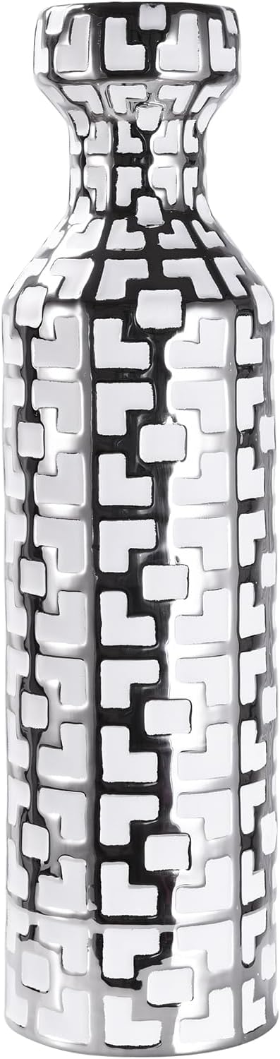 24.4 Inch Tall Floor Vase - Ceramics Black Ceramic with Silver Geometric Patterns, Large Cylinder Vases, Modern Home Decor for Living Room, Entryway, or Indoor Spaces