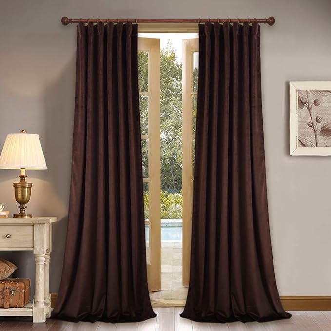 StangH Brown Curtains 92 inches Long Back Tab Super Soft Velvet Thermal Insulated Window Drapes, Elegant Light Blocking Panels for Living Room Sliding Door, W52 x L92, 2 Panels