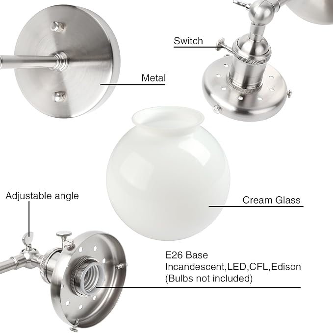 PERMO Vintage Industrial Wall Sconce with 5.9" Round Globe Milk White Glass Hand Blown Shade Brushed Nickel Sconces with E26 Bulb Base Hardwired Wall Light Fixtures