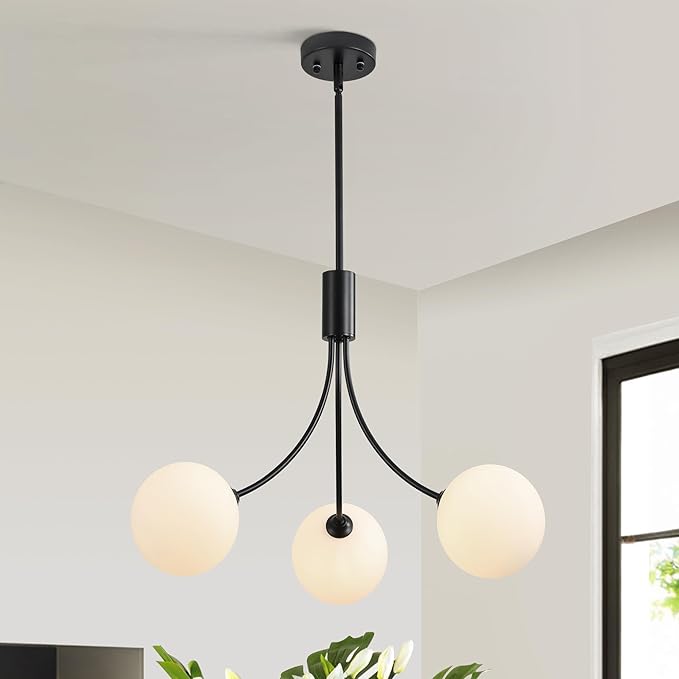 Modern Black Chandelier 3-Light Sputnik Globe Glass Ceiling Light Fixture, Mid Century Vintage Pendant Light for Dining Room, Adjustable Hanging Farmhouse Chandelier for Kitchen, Office, Entryway