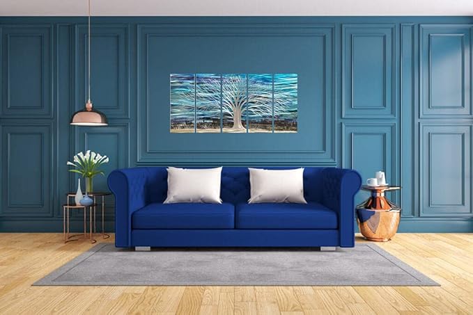 RICHSPACE ARTS 3D Blue Abstract Metal Wall Art Bright Silver Tree Metallic Artwork on Aluminum for Living Room Large Modern Sculpture Decor for Bedroom Entryway
