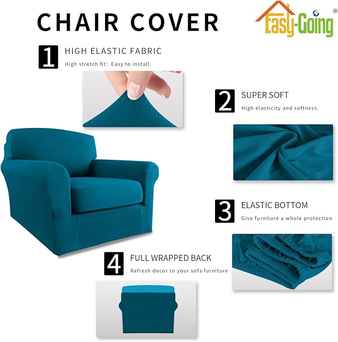 Easy-Going 2 Pieces Fleece Stretch Chair Sofa Slipcover Washable Sofa Couch Cover, Spandex Soft Fitted Furniture Protector, Kids, Pet, Dog (Chair, Peacock Blue)